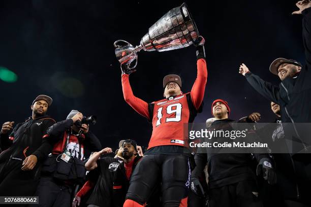 Quarterback Bo Levi Mitchell of the Calgary Stampeders celebrates their victory against the Ottawa Redblacks during the Grey Cup game at Commonwealth...