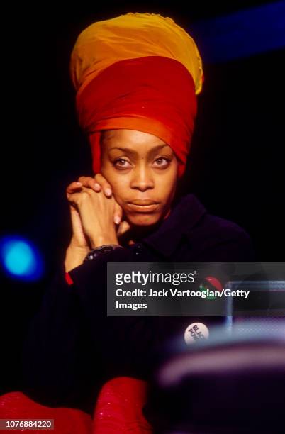 View of American Soul, R&B, and Hiphop musician Erykah Badu as she looks on from upstage during the Rhythm & Blues Foundation's Pioneer Awards at the...