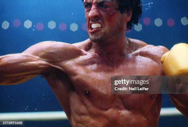 Sylvester Stallone, as Rocky Balboa, in action during boxing fight sequence on the set of "Rocky III" movie. Los Angeles, CA 5/1/1982 - 5/31/1982...