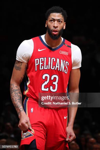 Anthony Davis of the New Orleans Pelicans looks on against the Brooklyn Nets on January 2, 2019 at Barclays Center in Brooklyn, New York. NOTE TO...