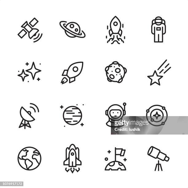 illustrazioni stock, clip art, cartoni animati e icone di tendenza di spazio - set di icone del contorno - scoperta