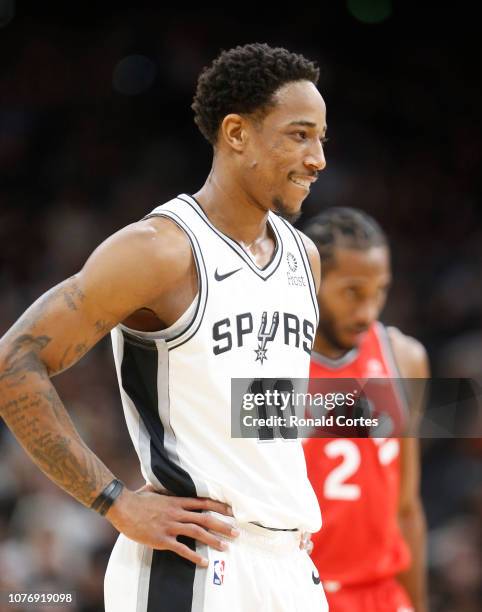 DeMar DeRozan of the San Antonio Spurs and Kawhi Leonard of the Toronto Raptors before the opening tip-off at AT&T Center on January 3, 2019 in San...