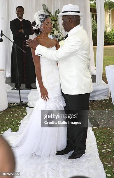 South African National Police Commissioner Bheki Cele and his new wife, Thembeka Ngcobo, at their wedding, held at the elite Lynton Hall Estate on...