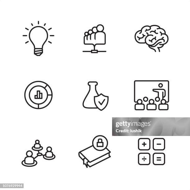 ilustraciones, imágenes clip art, dibujos animados e iconos de stock de investigación - los iconos de contorno perfecto de pixel - técnicos especialistas de laboratorio