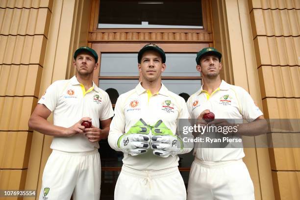 Australian Captain Tim Paine poses with Australian Vice Captains Josh Hazlewood and Mitch Marsh during an Australian Test Team Leadership Portrait...