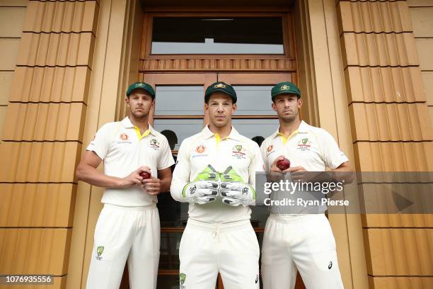 Australian Captain Tim Paine poses with Australian Vice Captains Josh Hazlewood and Mitch Marsh during an Australian Test Team Leadership Portrait...