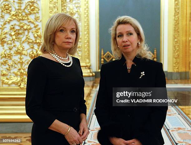 Russian First lady Svetlana Medvedeva gives some explanations to the wife of Latvian President Lilita Zatlere during their meeting in Moscow's...