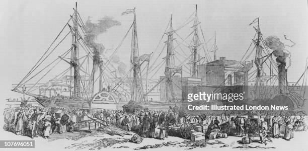 Irish emmigrants leaving for Liverpool on board the paddle steamers Nimrod and Athlone, during the Great Famine , Ireland, 1851. Original publication...