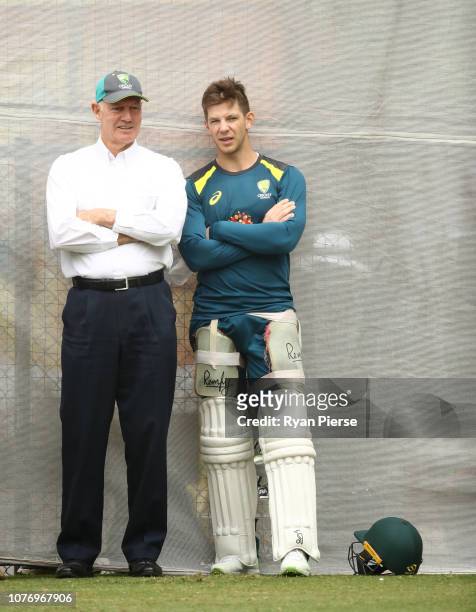 Australian Selector Greg Chappell speaks with Tim Paine of Australia during an Australian nets session at Adelaide Oval on December 04, 2018 in...