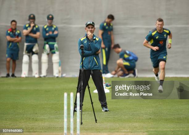 Justin Langer, coach of Australia, looks on during an Australian nets session at Adelaide Oval on December 04, 2018 in Adelaide, Australia.