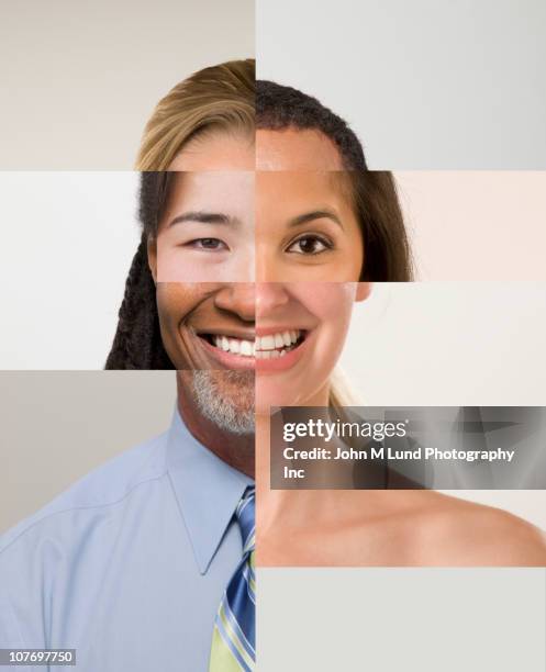 montage of male and female faces - igualdad fotografías e imágenes de stock