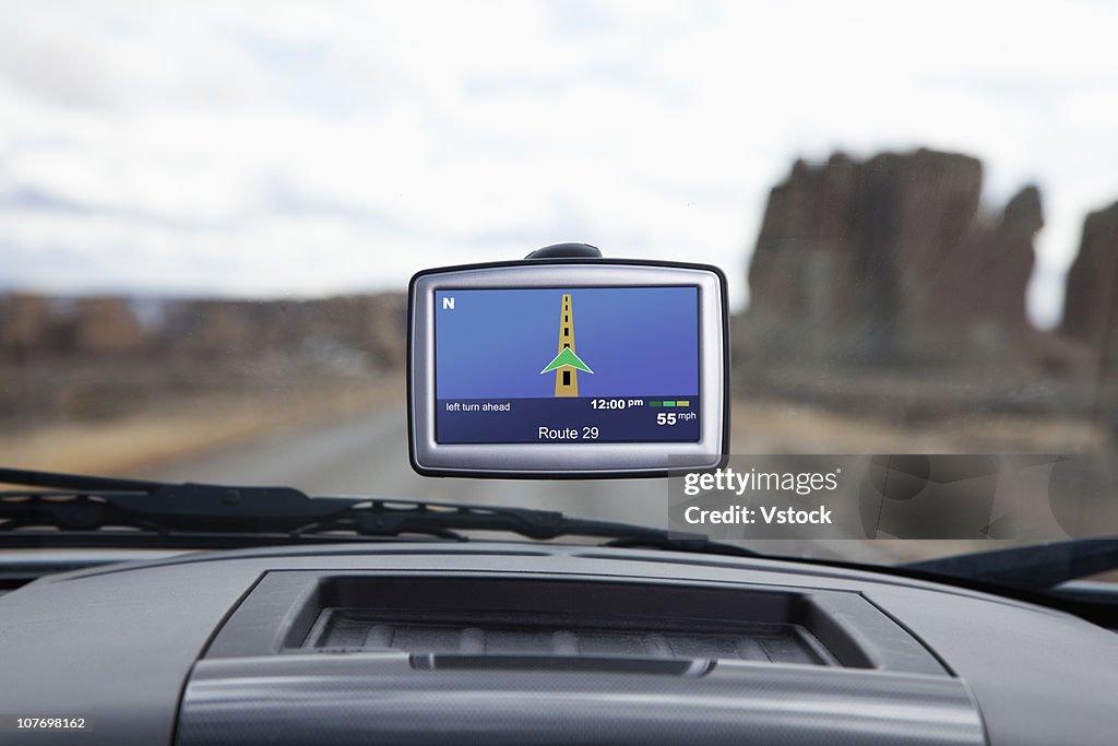 USA, New Mexico, GPS monitor in car