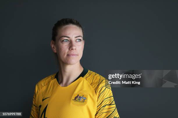 Matildas player Alanna Kennedy poses during a media opportunity after the FFA announcement of the national team rebranding at the Overseas Passenger...