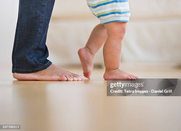 usa, new jersey, jersey city, mother assisting in her son's (6-11 months) first steps - primeiros passos imagens e fotografias de stock
