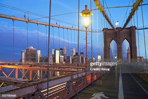 usa, new york state, new york city, brooklyn bridge at dusk - south street seaport stock pictures, royalty-free photos & images