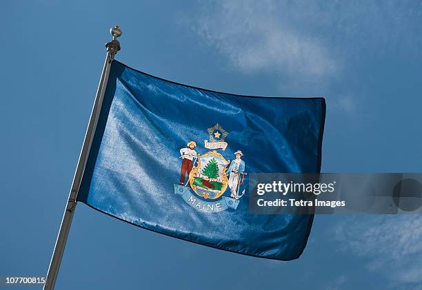 usa, maine state flag against sky - us state flag stock pictures, royalty-free photos & images