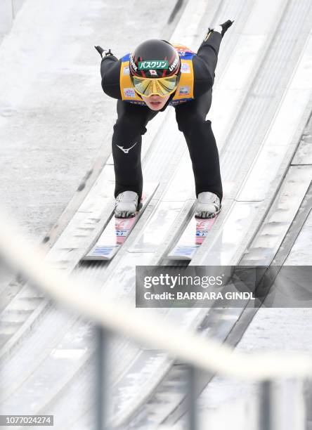 Ryoyu Kobayashi of Japan jumps during the trial round at the third stage of the Four-Hills Ski Jumping tournament in Innsbruck, Austria, on January...