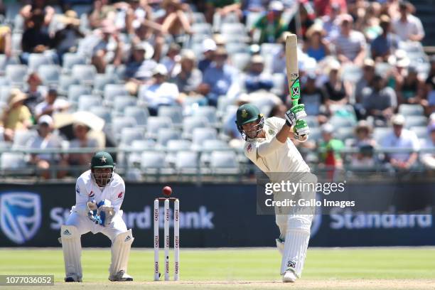 South African captain Faf du Plessis drives a delivery to the covers during day 2 of the 2nd Castle Lager Test match between South Africa and...