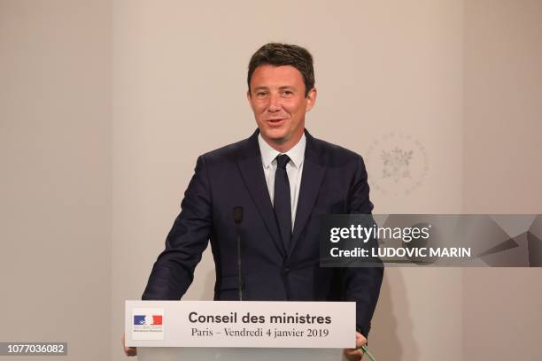 French Government's spokesperson Benjamin Griveaux gives a press conference following the first weekly cabinet meeting at the Elysee Palace in Paris,...