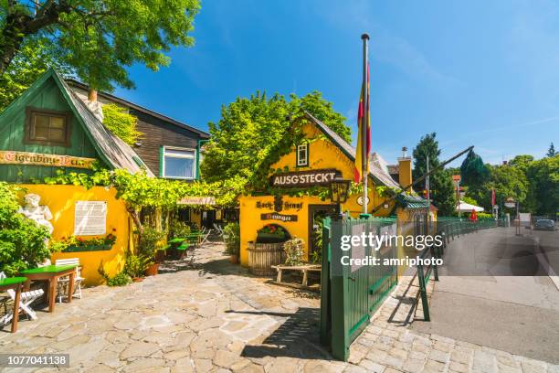 typical restaurant in suburb of vienna on sunny day with clear blue sky - vienna grinzing stock pictures, royalty-free photos & images
