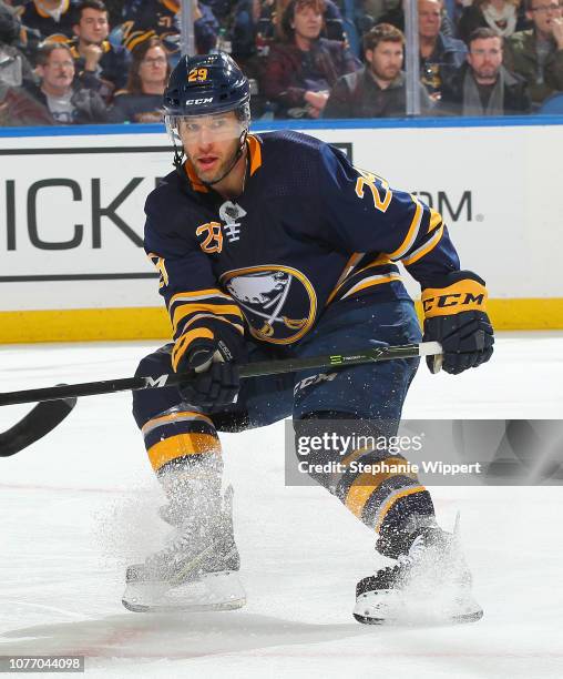 Jason Pominville of the Buffalo Sabres skates during an NHL game against the Montreal Canadiens on November 23, 2018 at KeyBank Center in Buffalo,...