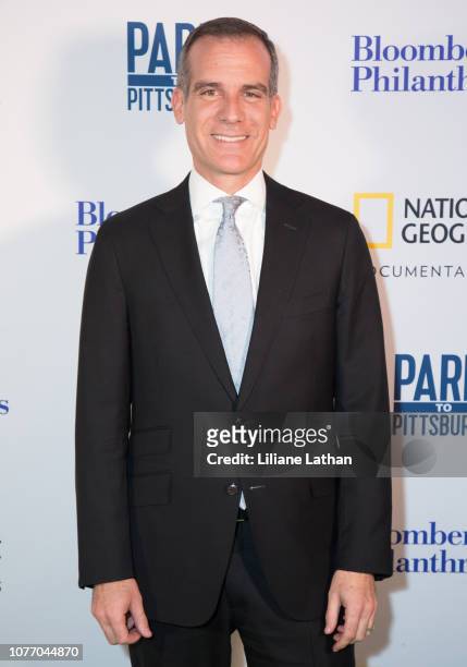 Mayor of Los Angeles Eric Garcetti attends the Premiere of Bloomberg Philanthropies and National Geographic's "Paris To Pittsburgh" at the Museum Of...