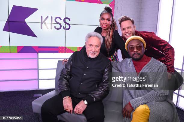 Sir Tom Jones, Jennifer Hudson, Olly Murs and Wil.i.am from The Voice UK visit KISS FM on January 4, 2019 in London, United Kingdom.