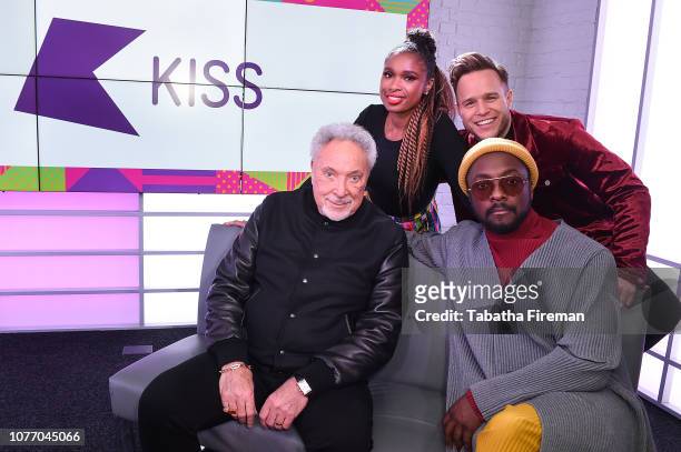 Sir Tom Jones, Jennifer Hudson, Olly Murs and Wil.i.am from The Voice UK visit KISS Breakfast on January 4, 2019 in London, United Kingdom.