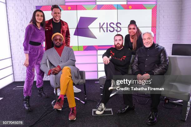 Sir Tom Jones, Jennifer Hudson, Olly Murs and Wil.i.am from The Voice UK visit KISS Breakfast with Tom Green and Daisy Maskell on January 4, 2019 in...