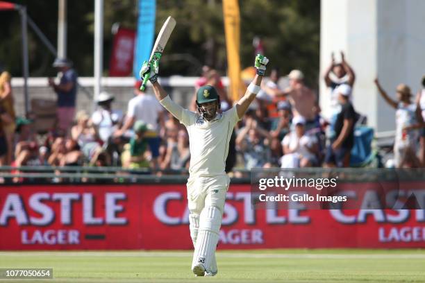 South African captain Faf du Plessis celebrates reaching his century during day 2 of the 2nd Castle Lager Test match between South Africa and...