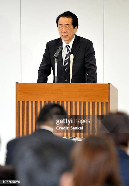 Japanese Prime Minister Naoto Kan speaks during a press conference after inspecting U.S. Bases in Okinawa on December 18, 2010 in Naha, Okinawa,...