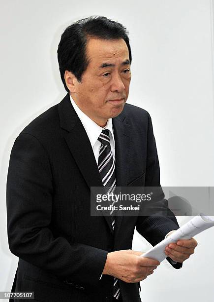 Japanese Prime Minister Naoto Kan speaks during a press conference after inspecting U.S. Bases in Okinawa on December 18, 2010 in Naha, Okinawa,...