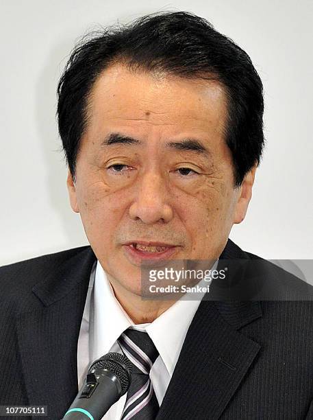 Japanese Prime Minister Naoto Kan speaks during a press conference after inspecting U.S. Bases in Okinawa on December 18, 2010 in Naha, Okinawa,...