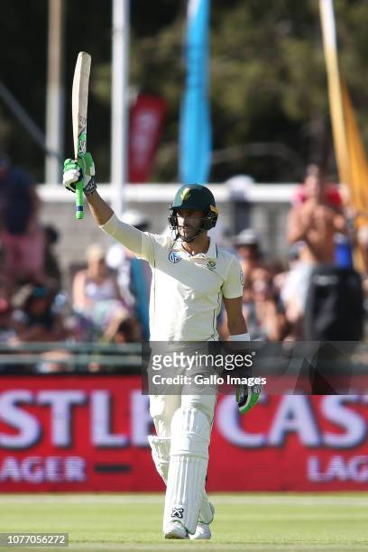 South African captain Faf du Plessis celebrates reaching his century during day 2 of the 2nd Castle Lager Test match between South Africa and...