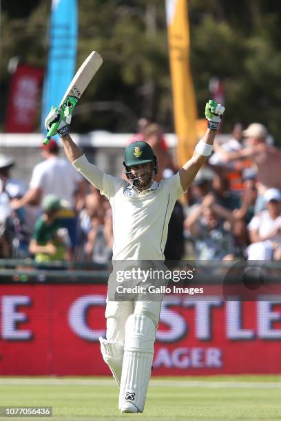 South African captain Faf du Plessis celebrates reaching his century during day 2 of the 2nd Castle Lager Test match between South Africa and...