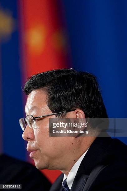 Chen Deming, China's minister of commerce, speaks at a news briefing at the Third China - EU High Level Economic and Trade Dialogue in Beijing,...