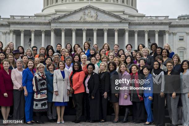 House Speaker Nancy Pelosi, a Democrat from California, sixth left, stands for a photograph with House Democratic women members of the 116th Congress...