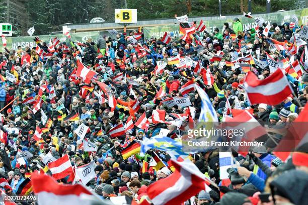 Fans during the 67th FIS Nordic World Cup Four Hills Tournament ski jumping event at Bergisl Schanze on January 4, 2019 in Innsbruck, Austria.