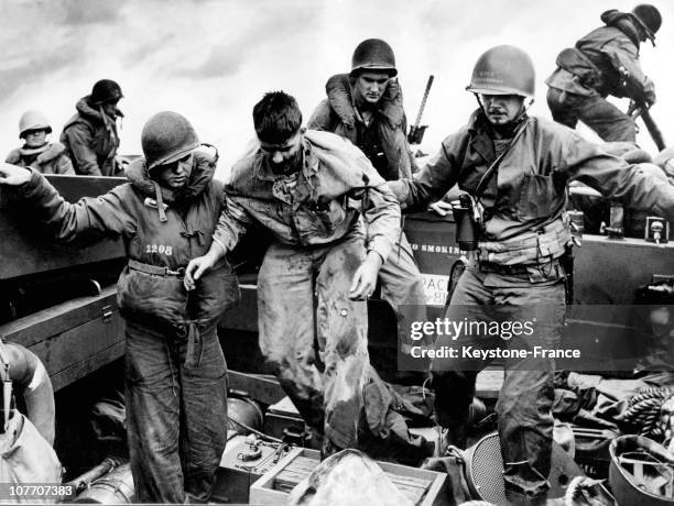 Soldier Of The American Marine Infantry Wounded While Landing On The Island Of Iwo Jima In Japan Is Transported On An Armoured Vehicle On March 3,...