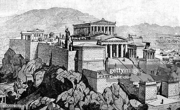 classical greek, restored acropolis in athens - greek temple illustration stock illustrations