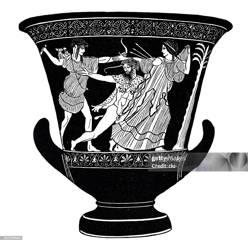 Classical greek, Jug with red figures, fight of Apollo with the giant Tityos