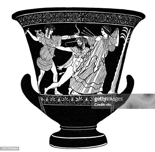 classical greek, jug with red figures, fight of apollo with the giant tityos - god stock illustrations