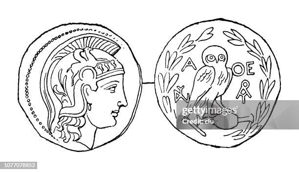 klassisches griechisch, athenische münze, vier drachmen - ehemalige griechische währung stock-grafiken, -clipart, -cartoons und -symbole