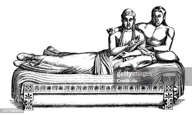 ancient rome, etruscan bed and couple - etruscan stock illustrations