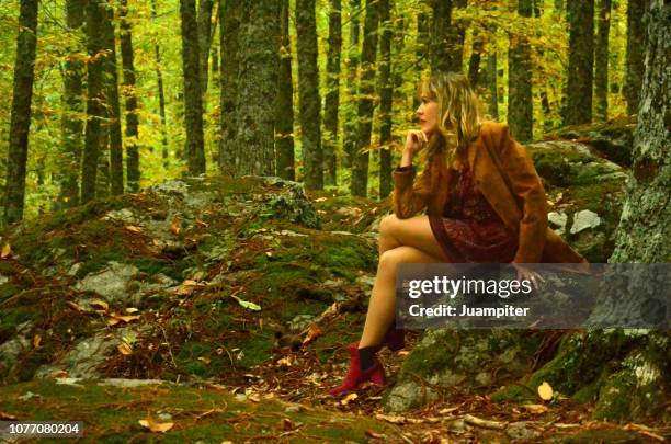 mujer joven rubia pensativa, disfruta del otoño en una apacible mañana en un bosque de castaños - pensativa stock pictures, royalty-free photos & images