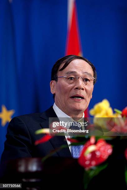 Wang Qishan, China's vice premier, speaks at a news conference following the close of the Third China - EU High Level Economic and Trade Dialogue in...