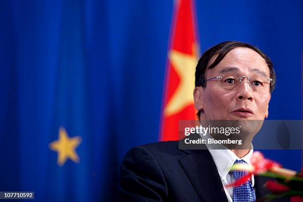 Wang Qishan, China's vice premier, speaks at a news conference following the close of the Third China - EU High Level Economic and Trade Dialogue in...