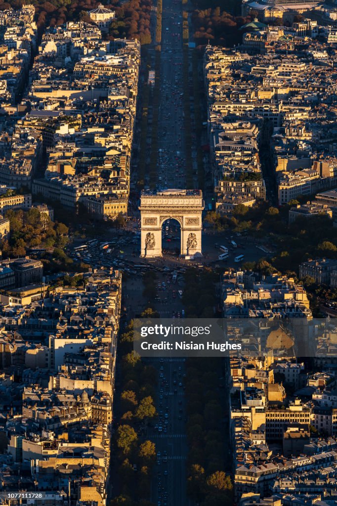 Aerial view of Arc de Triomphe in Paris France at sunset