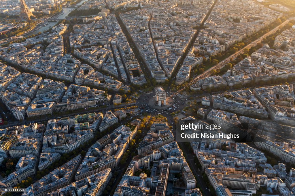 Aerial view of Arc de Triomphe in Paris France at sunset