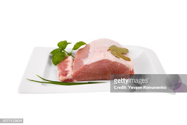 raw meat on plate isolated on the white background - veau fond blanc photos et images de collection